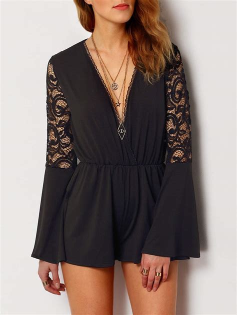 Black Deep V Neck Lace Jumpsuitfor Women Romwe