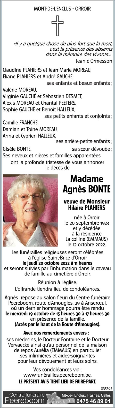 Avis de décès de Agnès BONTE décédé le 12 10 2022 à Orroir annonce