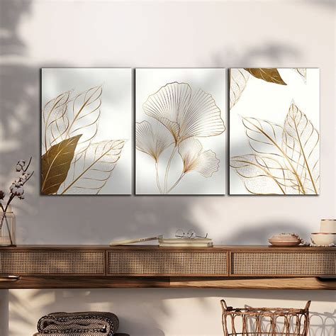 Quadros Decorativos Trio Em Canvas Contorno De Folhas Dourado Fundo