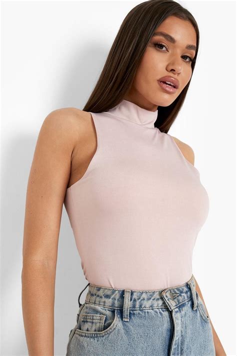 Nude Double Layer Slinky High Neck Bodysuit Boohoo Uk