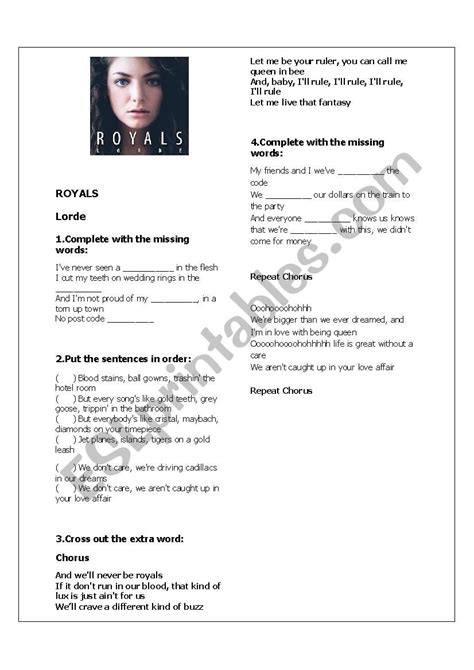 Royals Song Esl Worksheet By Milene Fernanda Carrara