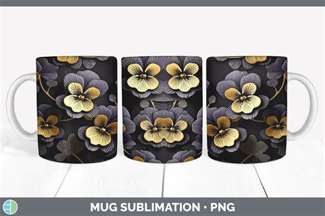 3D Gold Pansy Flowers Mug Wrap | Sublimation Coffee Cup Design By ...