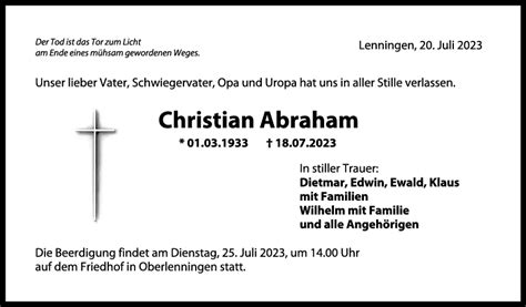 Trauer Christian Abraham Teckbote Trauerportal