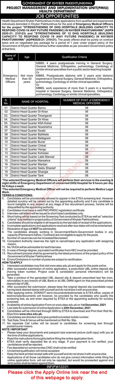 Emergency Medical Officer Jobs In Health Department Kpk December