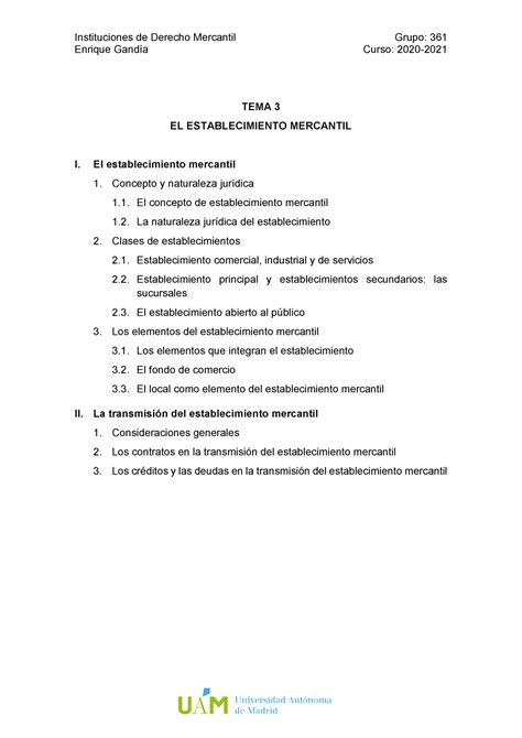 Esquema Tema 3 Magistrales Instituciones De Derecho Mercantil