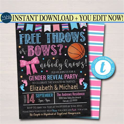 Free Throws Or Bows Gender Reveal Invitation Team Blue Or Team Pink