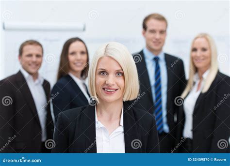 Blond Caucasian Female Young Manager Smiling Stock Photo Image Of