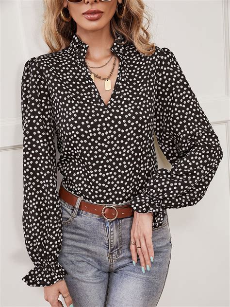 SHEIN Frenchy Ditsy Floral Print Notch Neck Flounce Sleeve Blouse