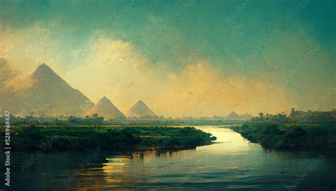 Nile river pyramids nature cloud sky egypt Stock Illustration | Adobe Stock