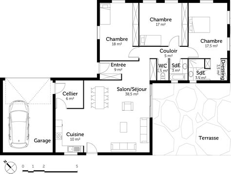 Plan Maison Plain Pied Avec 3 Chambres Et Garage Ooreka