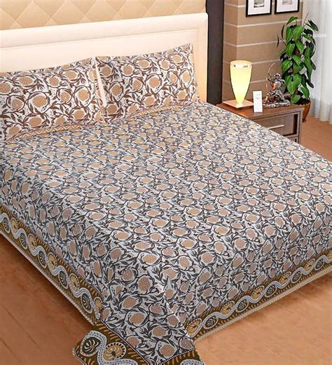 Buy Beige Floral 250 Tc Cotton Queen Sized Bed Sheets With 2 Pillow