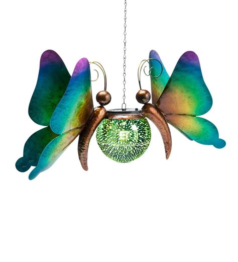 Hanging Solar Lighted Orb With Metal Butterflies Wind And Weather