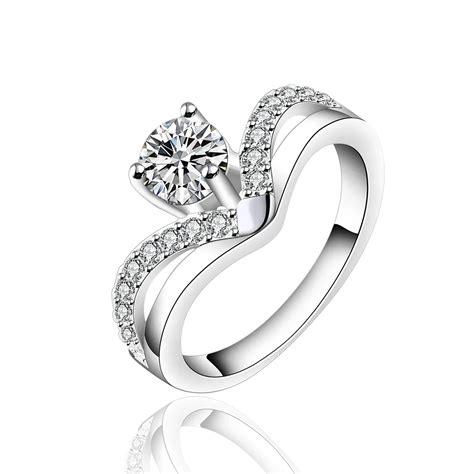 R595 Silver Fashion Wedding Jewelry Big Wave V Kiss With Stone Ring For