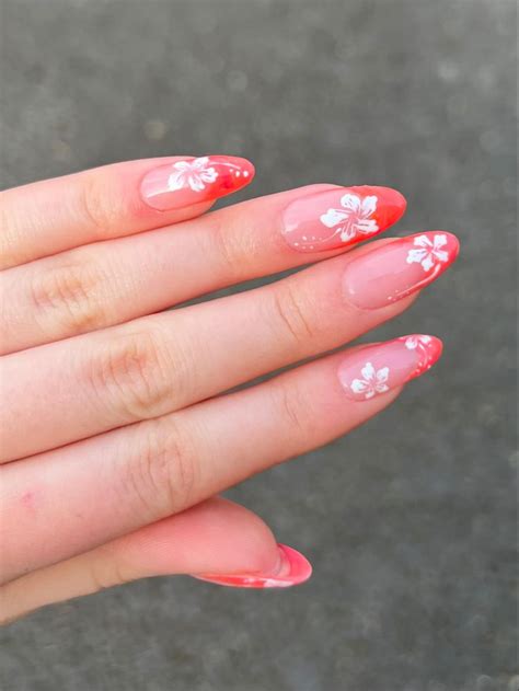 Pink French Tip And White Hibiscus Flower Nails By GeloMeloSalon In