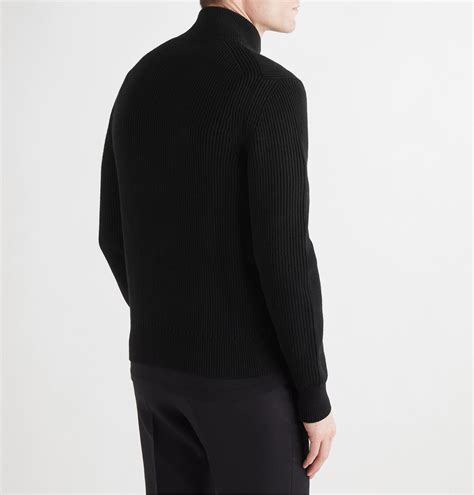 Tom Ford Leather Trimmed Ribbed Wool And Cashmere Blend Zip Up