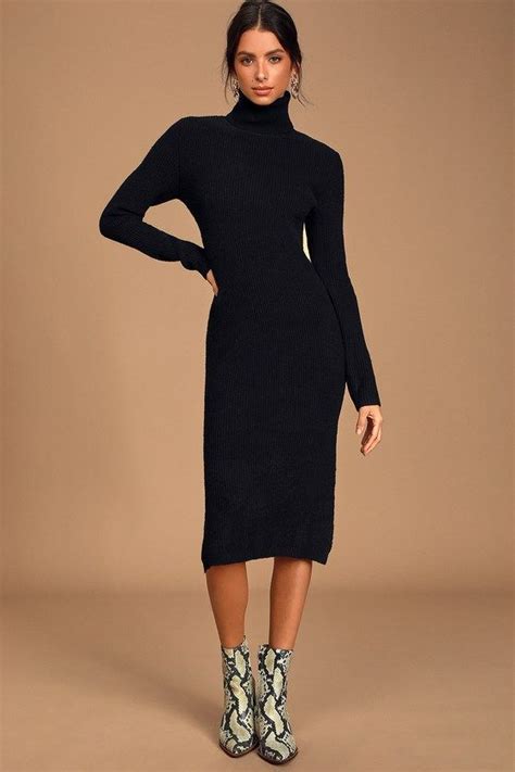 Sheerah Black Turtleneck Midi Sweater Dress In 2020 Black Turtleneck Dress Black Turtleneck