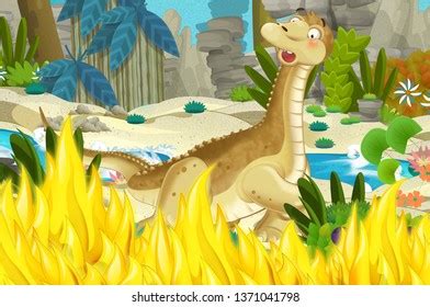 Cartoon Scene Dinosaur Diplodocus Apatosaurus Jungle Stock Illustration