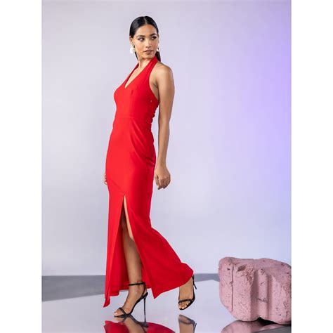 Buy Twenty Dresses By Nykaa Fashion Red Solid Halter Neck Front Slit Maxi Dress Online