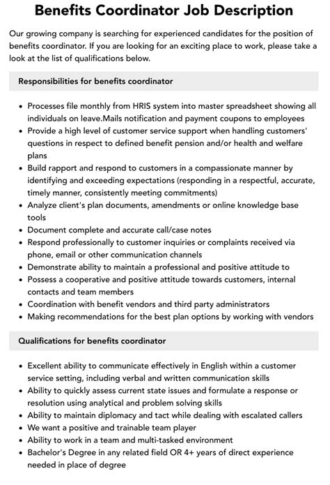 Benefits Coordinator Job Description Velvet Jobs