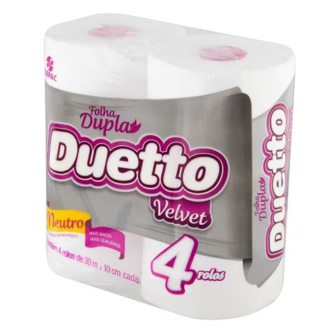 Papel Higiênico Folha Dupla Neutro Duetto Velvet 30m Pacote 4 Unidades