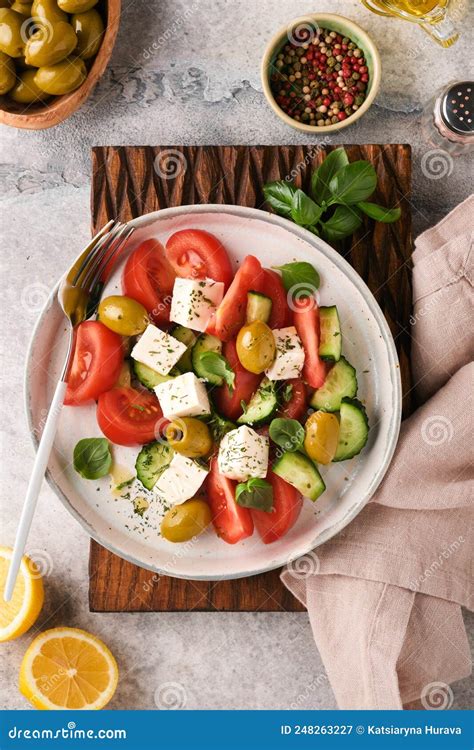 Griekse Salade Verse Griekse Sla Met Verse Groenten Tomatenkomkommer