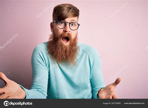 Handsome Irish Redhead Man Beard Wearing Glasses Pink Isolated