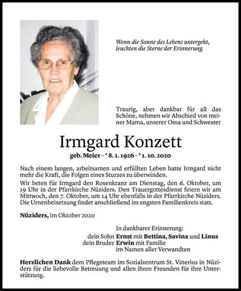 Todesanzeigen Von Irmgard Konzett Todesanzeigen Vorarlberger Nachrichten