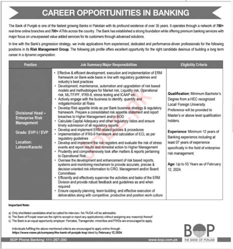 The Bank Of Punjab Bop Jobs Job Advertisement Pakistan