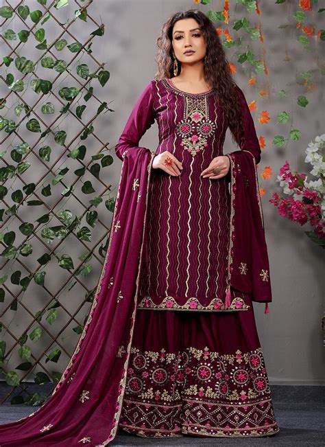 Wine Heavy Embroidered Work Palazzo Suit Indian Heavy Anarkali