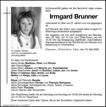 Traueranzeigen Von Irmgard Brunner Trauer Bz