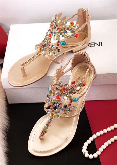 Womens Flat Thong Sandals Bling Bohemia Rhinestone Gladiator Strappy