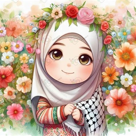 خرید و قیمت بک گراند کودکانه دختر محجبه کوچولو با چفیه میان گلهای زیبای