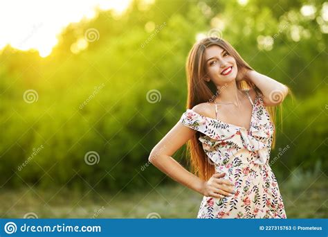 Model In Floral Dress Stock Image Image Of Joyful Hair 227315763