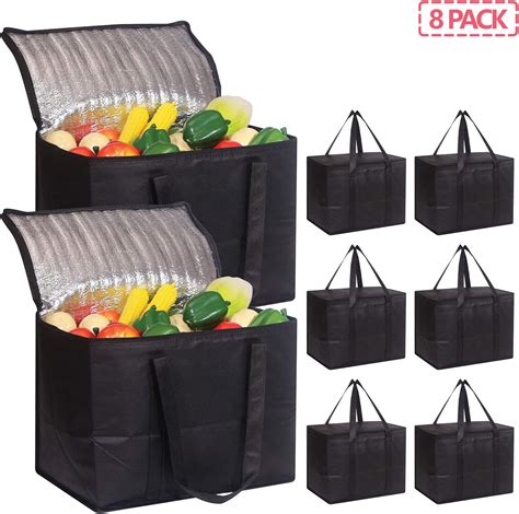 Set Of 8 Large Insulated Reusable Grocery Bags With Sturdy Zipper And Handles Foldable Washable