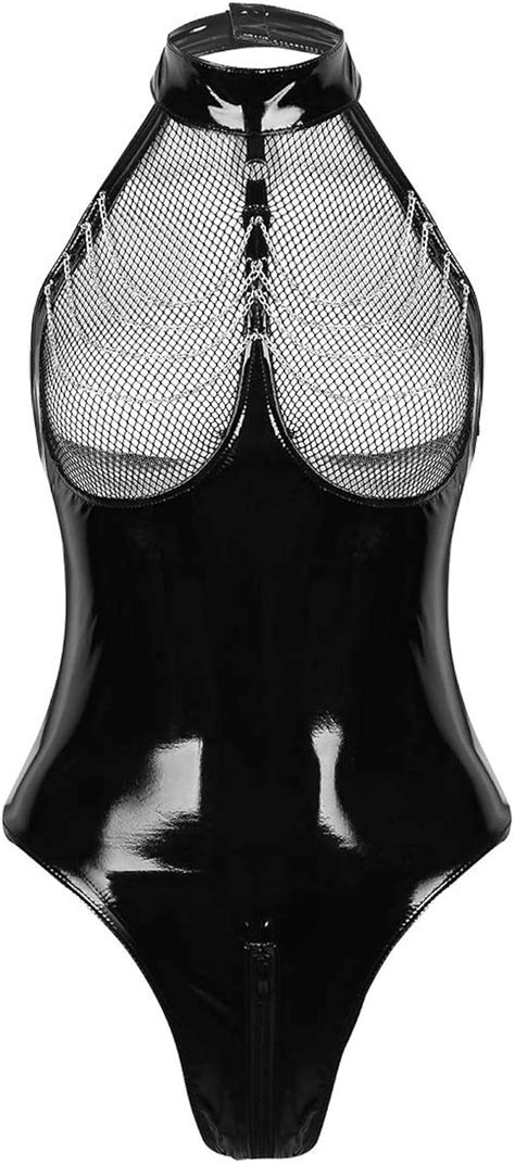 Msemis Sexy Womens Black Wet Look Faux Leather Zipper Teddy Bodysuit