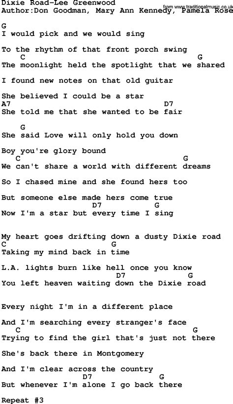 Country Music Dixie Road Lee Greenwood Lyrics And Chords