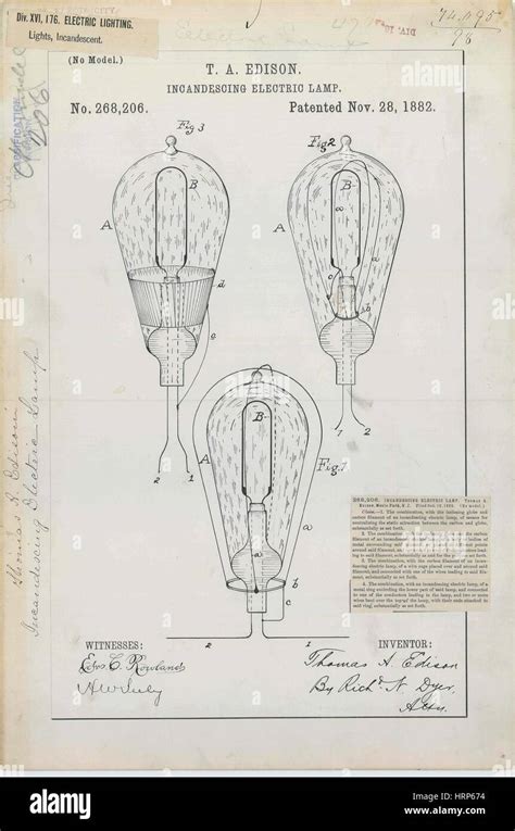 Brevet de lampe électrique à incandescence edison Banque de