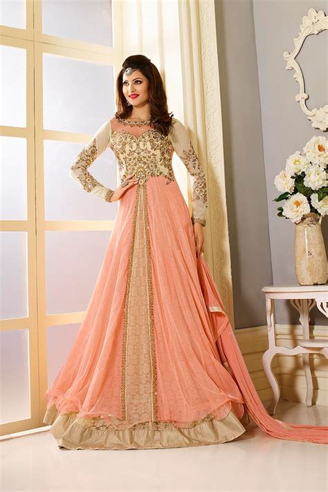 Buy Peach Color Georgette And Net Party Wear Anarkali Salwar Kameez In