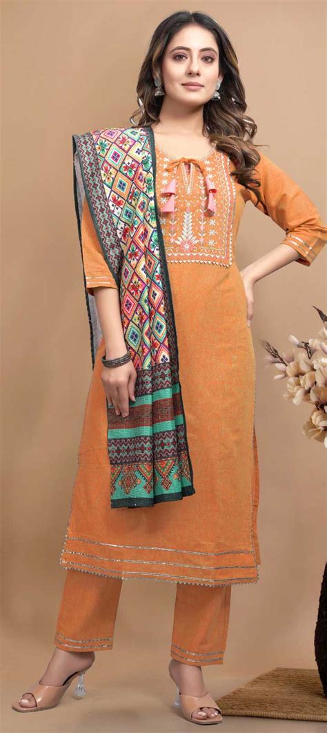 Party Wear Orange Color Cotton Fabric Salwar Kameez 1855735