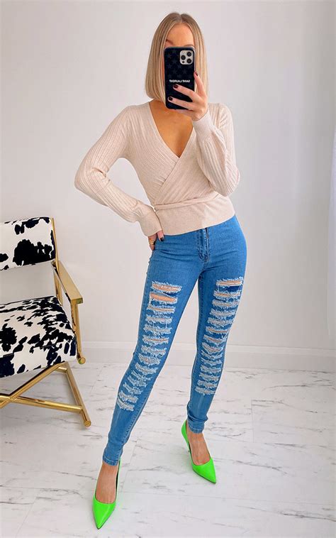 Clara Distressed High Waisted Jeans In Stone Wash Ikrush