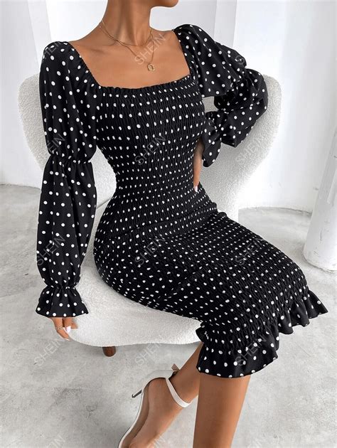 Shein Priv Polka Dot Square Neck Gathered Sleeve Shirred Bodycon Dress