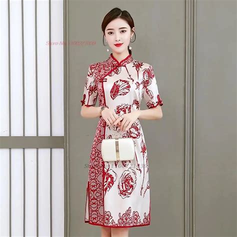 2023 Ulusal I Ek Bask Saten Cheongsam Geli Tirilmi Qipao Elbise