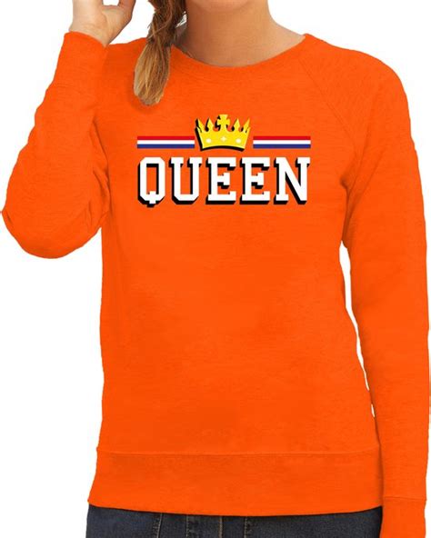 Koningsdag Sweater Queen Met Gouden Kroon Oranje Dames Koningsdag