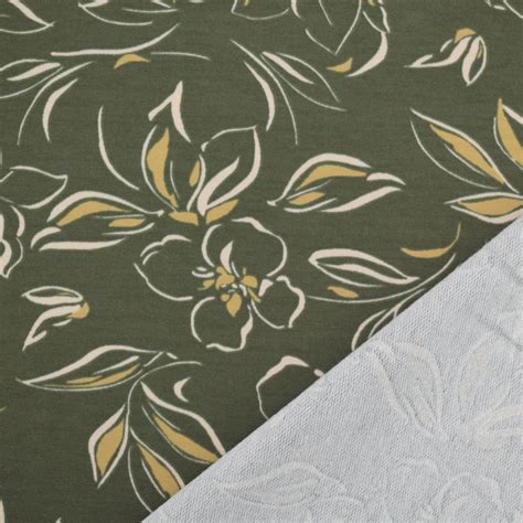 Tissu French Terry Fleurs Flower Lines Vert Olive Tissus Hemmers