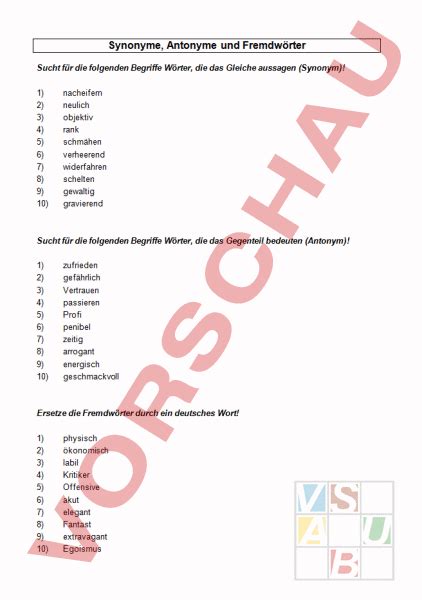 Arbeitsblatt Synonyme Antonyme Fremdwörter Deutsch Wortschatz