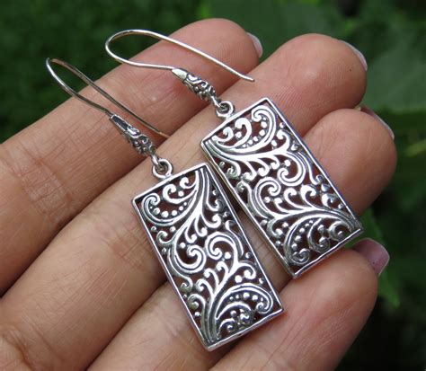 Silver Rectangle Filigree Earrings Bali Earrings Dangle Style Ornate