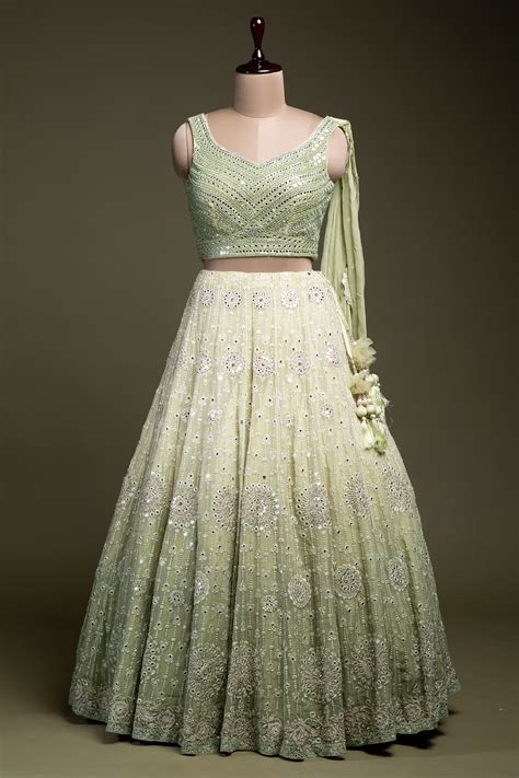 Buy Green Shaded Mirror Embroidered Georgette Designer Lehenga Online