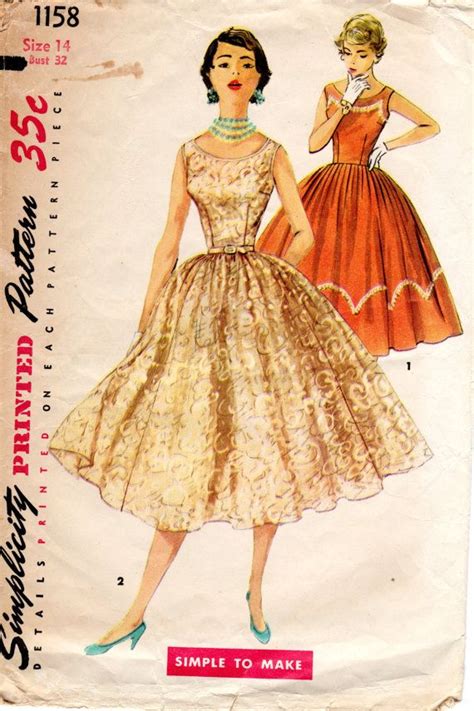 1950s Fit And Flare Dress Pattern Vintage Simplicity 1158 B32 1950s Dress Patterns Evening