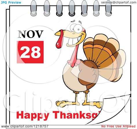 Clipart Of A Calendar Page With A Turkey Bird And Happy Thanksgiving