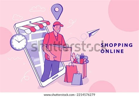 Delivery Concept Man Delivering Online Grocery Stock Vector Royalty